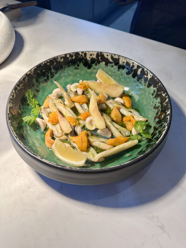 Galician Razor Clam with Hokkaido Uni and Yamanashi Peach at SÓPA Bangkok